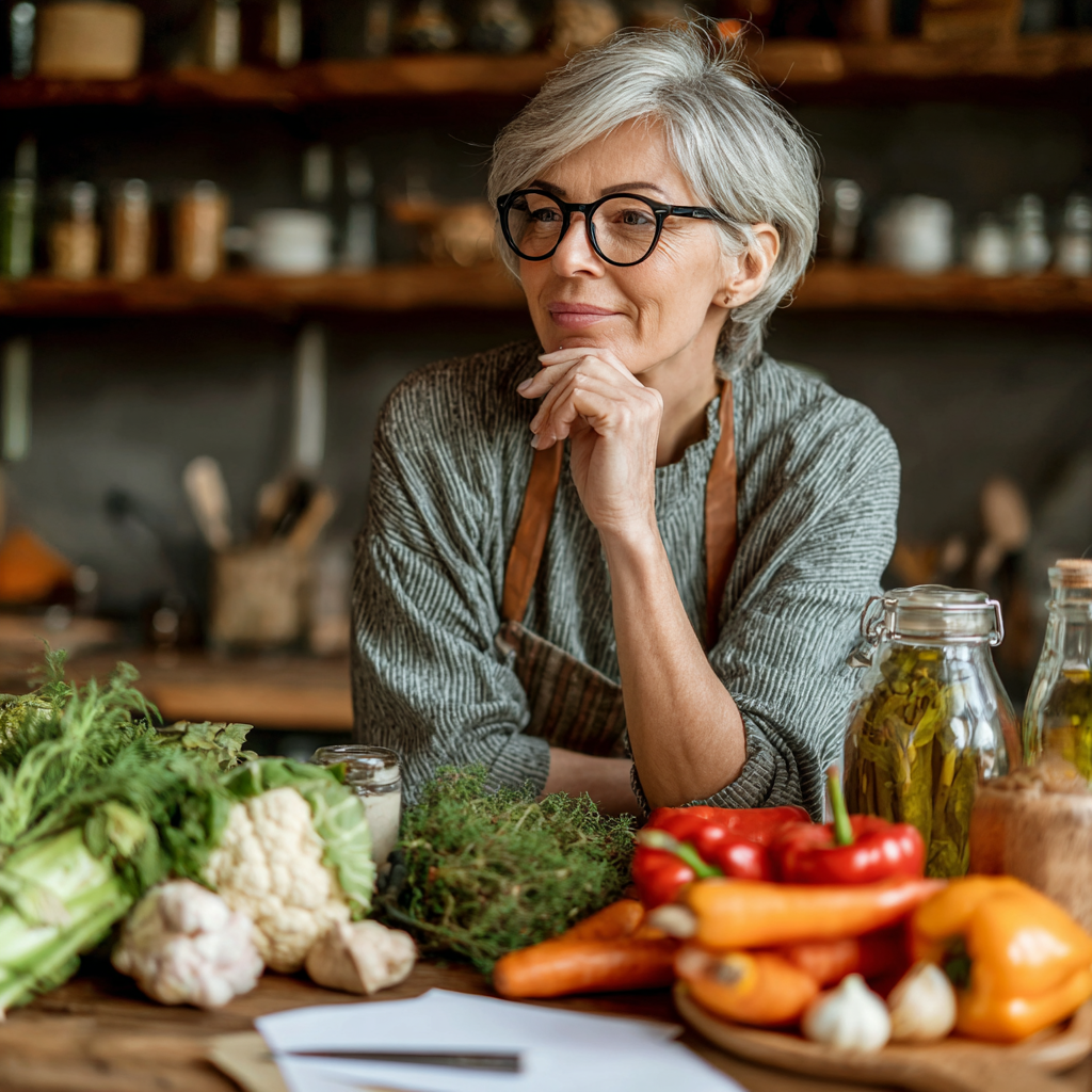 50 years old woman thoughtfully planning weekly meals with fresh ingredients spread on wooden table