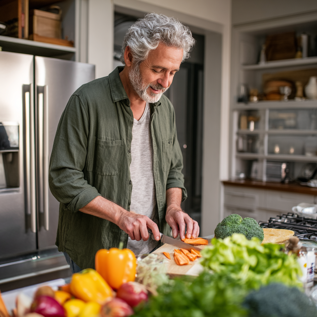 Satisfied 52 years old man preparing healthy dinner in kitchen with troldevank meal plan recipe